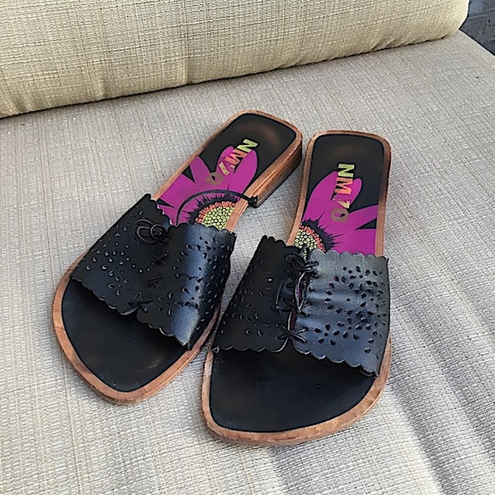Black Leather Square Toe Strap Wooden Heel Sandal Flat Wide width Slides by NM70